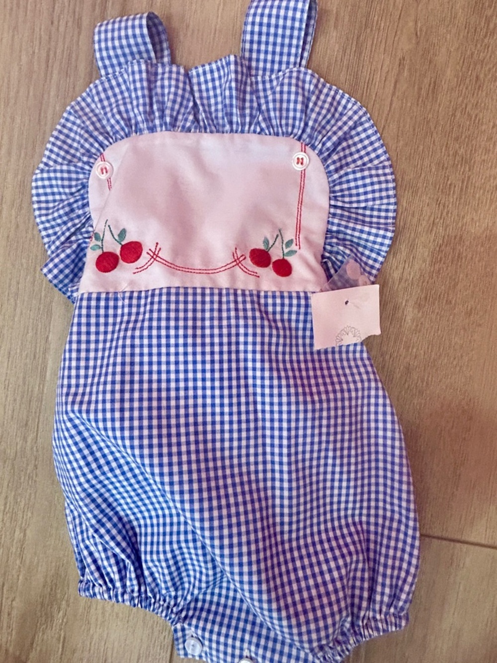 The Proper Peony Blue Gingham Cherry Embroidered Baby Romper/Bubble (NWT)